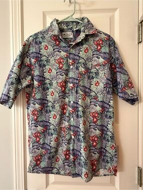 Vintage Impact Men's Blue Floral Button-Down Hawaiian Shirt Med 100% Cotton